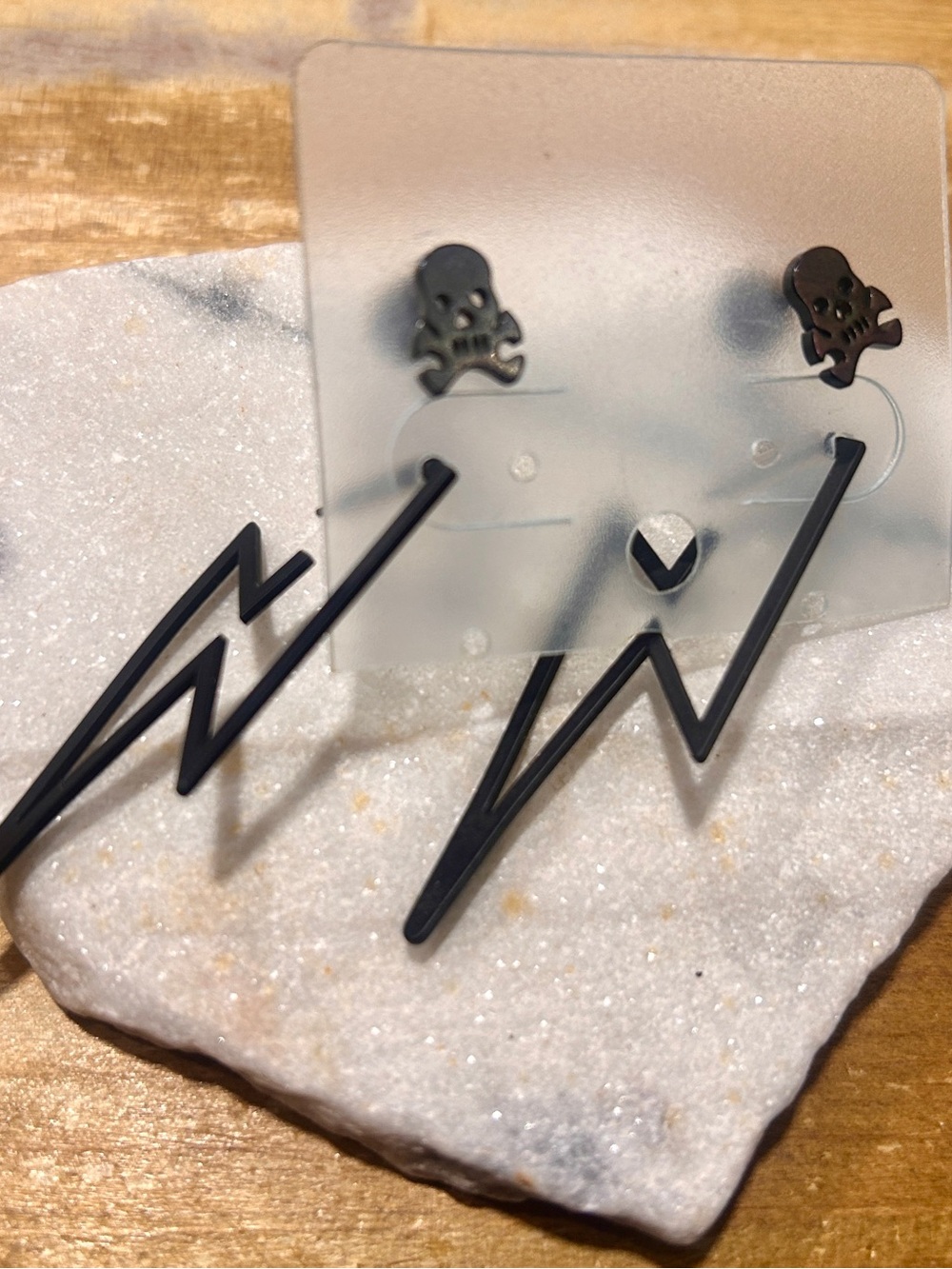 Black Lightning Bolt & Skull Stud Earrings set